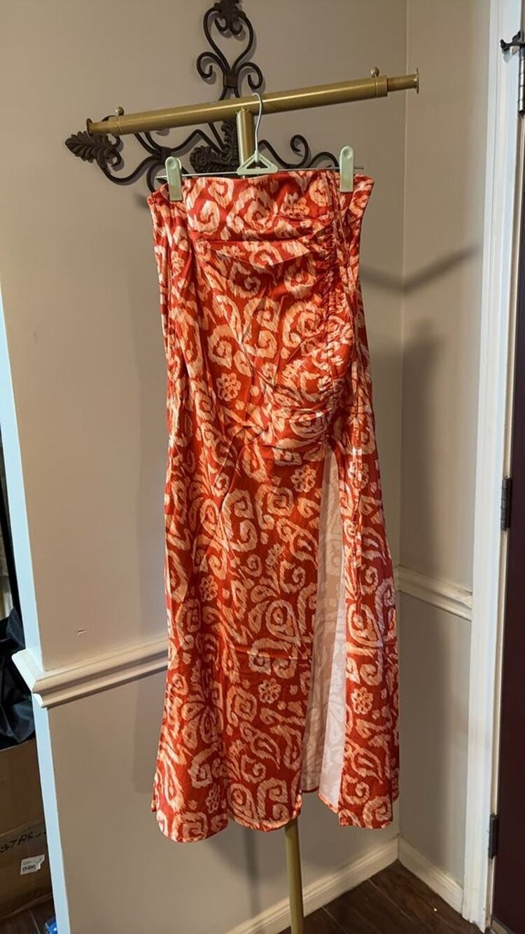 MICAS Orange Abstract Print Ruched Maxi Skirt NWT